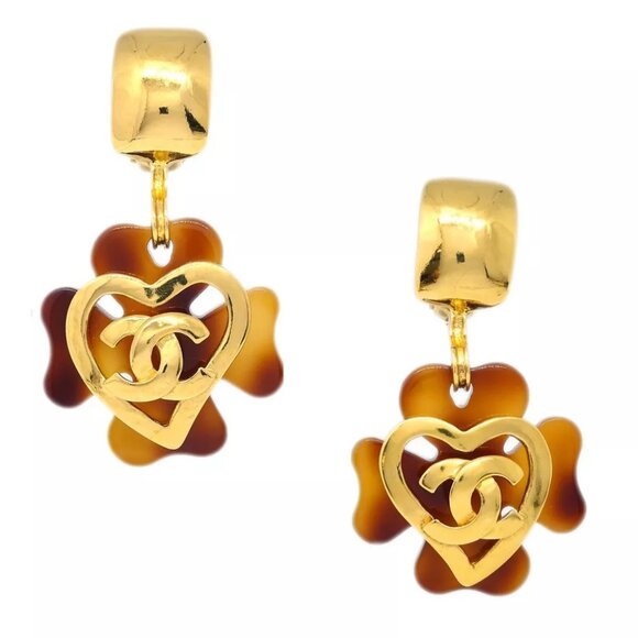 Chanel Clover Dangle Earrings Gold Clip-On - Picture 1 of 4